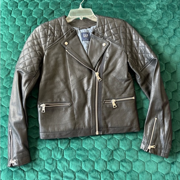 GAP Black Leather Biker Jacket - Picture 2 of 7